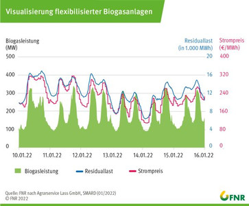 Gegenüberstellung von Stromeinspeisung, Residuallast und Strompreis zukunftsorientiert flexibilisierter Biogasanlagen, Quelle: FNR